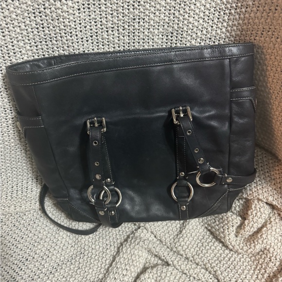 COACH EAST WEST GALLERY BLACK LEATHER SILVER HARDWARE LARGE TOTE - Picture 2 of 13